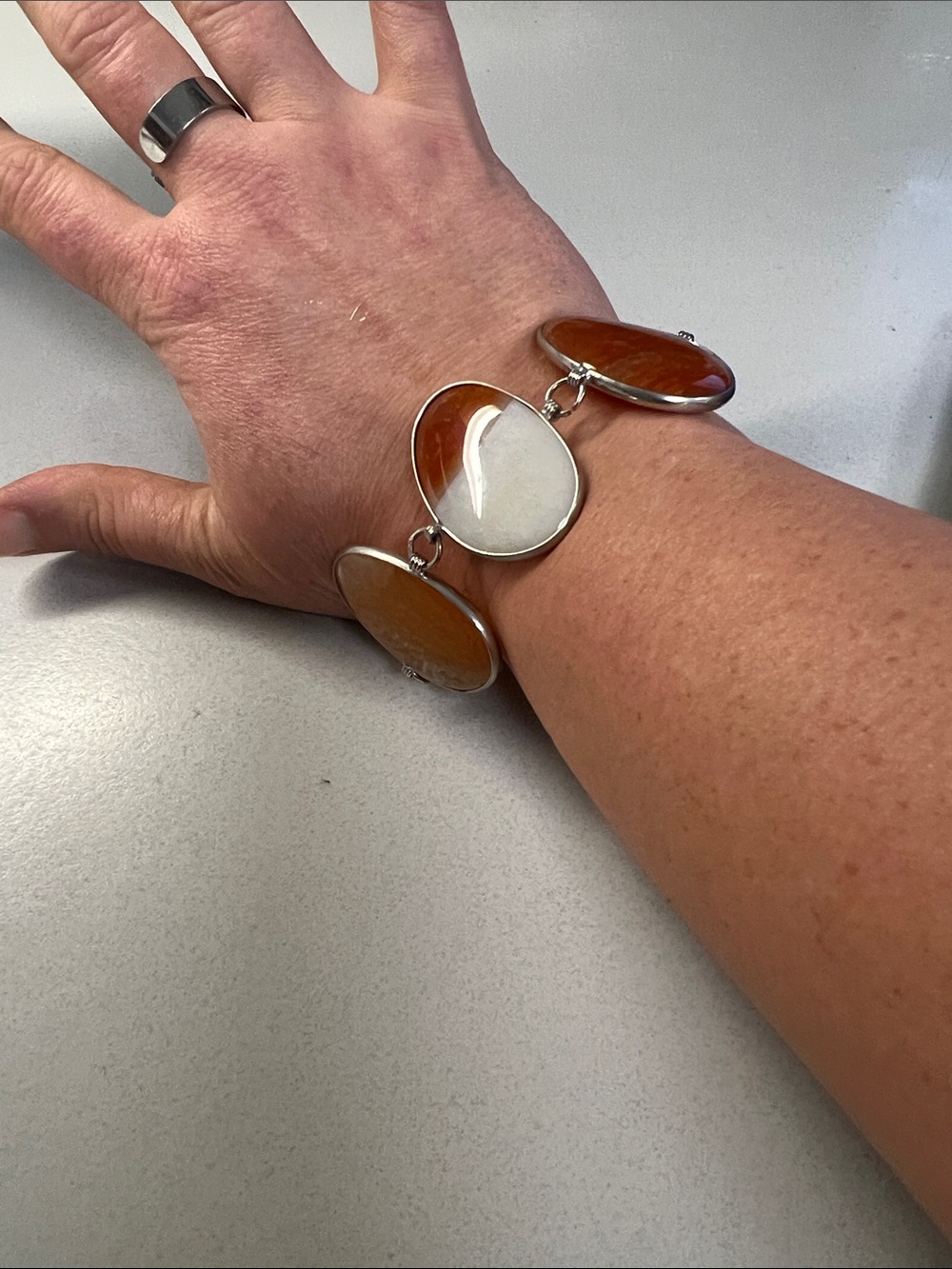 Silver-Set Orange and White Agate Stone Bracelet